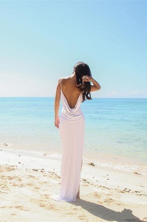 Simple Sexy Open Back Beach Side Slit Spaghetti Straps Wedding Dresses