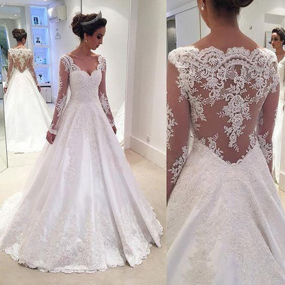 Charming V Neck Appliques A Line Wedding Dress With Long Sleeves