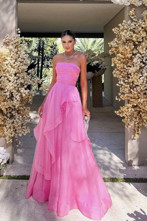 Elegant Strapless Layered Pink Prom Dresses Long Formal Gowns