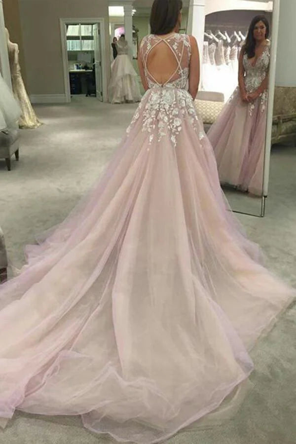 V-neck Long Wedding Dress/Prom Dress with Appliques