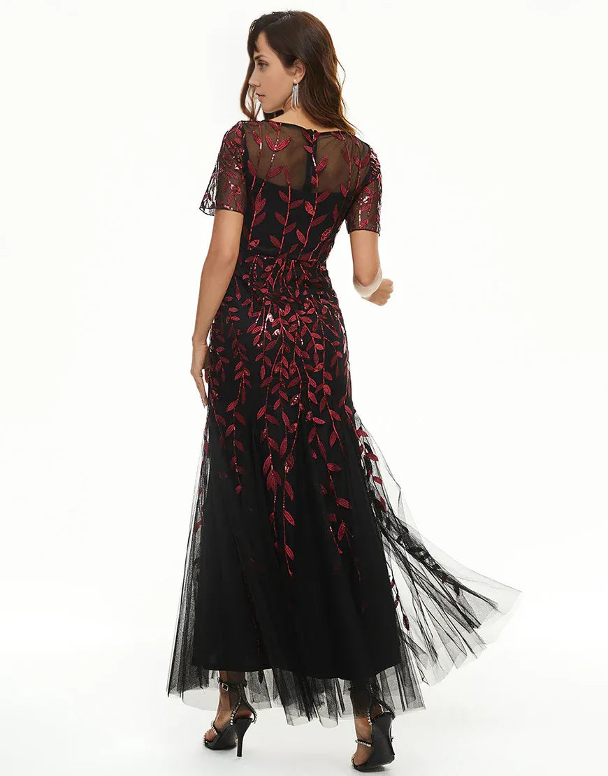 Leaves Sequins Round Neck Mother Dress Tulle with Short Sleeves