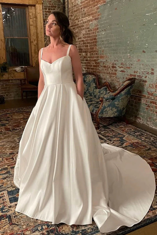 Simple Wide Straps Ivory Wedding Gown with Pockets