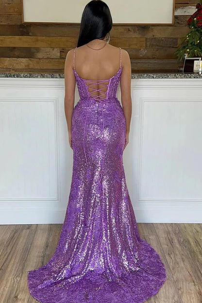 Mermaid Spaghetti Straps Appliques  Prom Dress with Slit