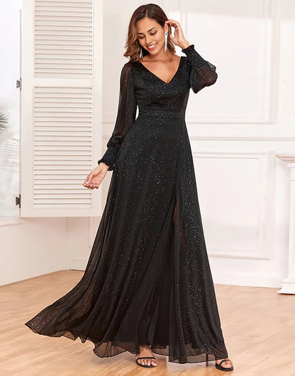 Glitter A-Line Long V-Neck Sleeves Black Mother of The Bride Dress with Slit