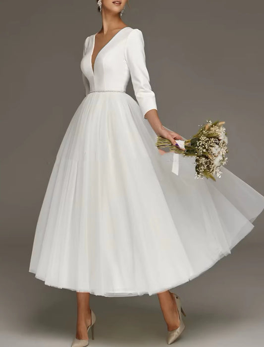 Fall November December Simple Wedding Dresses A-Line V Neck 3/4 Length Sleeve Tea Length Satin Bridal Gowns With Solid Color Vintage Little White Elegant Dresses