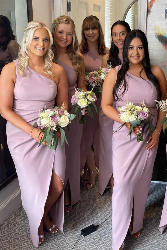 Dusky Lilac One-Shoulder Split Fork Long Bridesmaid Dress with Slit