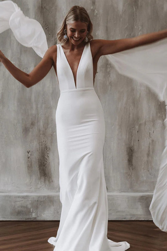 Elegant Mermaid V Neck Satin Slim-fit Long Wedding Dresses