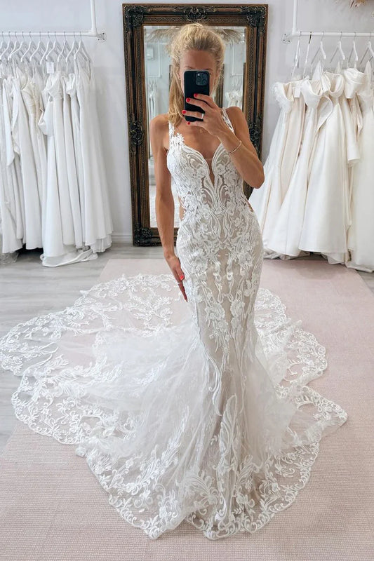 Elegant Mermaid V Neck Lace Wrap The Buttocks Floor-Length Wedding Dresses with Appliques