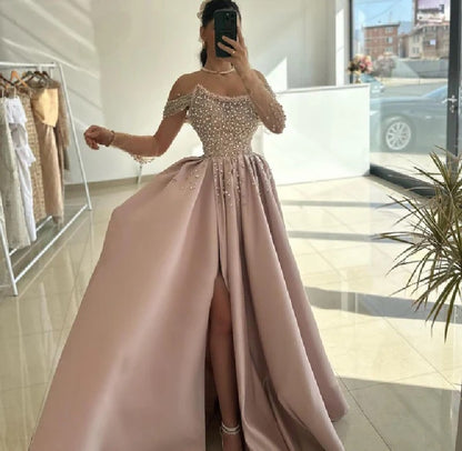 Sweep/Brush Train Evening Gown Off the shoulder Beading/Sequins Embroidery Long Prom Dress