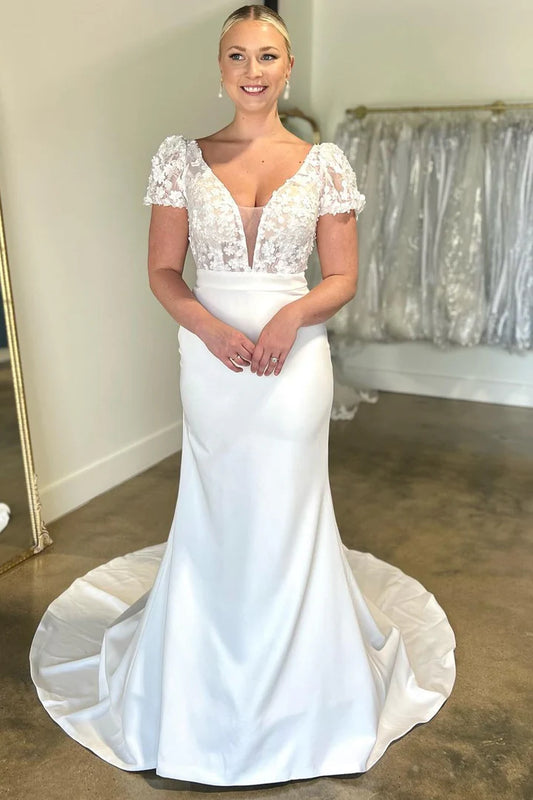 White Floral Applique Plunge V Mopping The Floor Long Wedding Dress with Short Sleeves ﻿