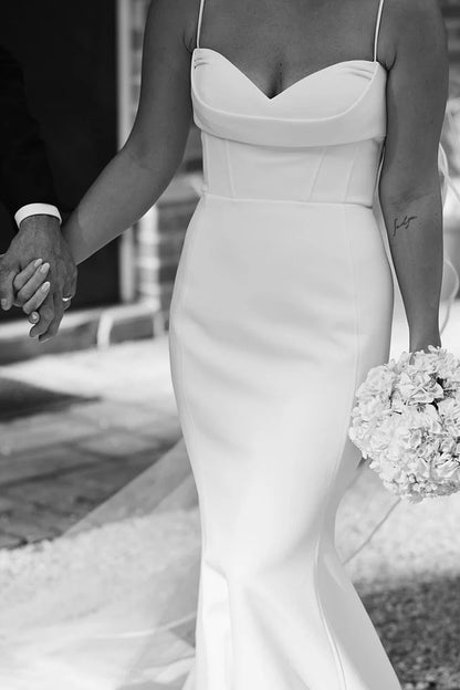 Mermaid Sweetheart V-Neck Spaghetti Strap Soft Satin Back Buckle  Wedding Dresses