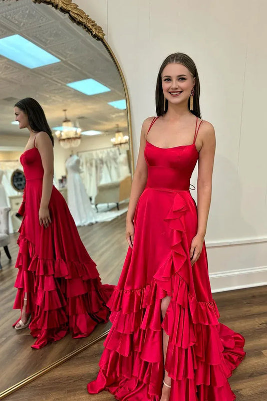 A-Line Scoop Neck Spaghetti Strap Red Ruffle Satin Lace-Up Back Long Prom Dresses with Slit