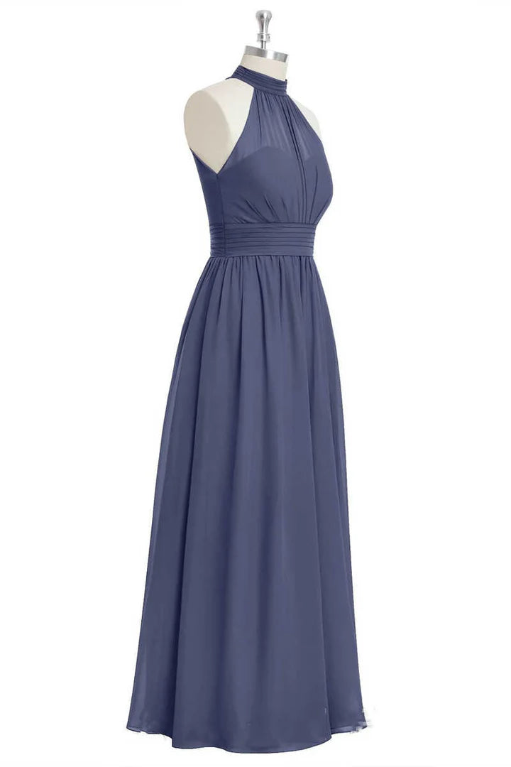 Lavender Chiffon Halter Round neck A-Line Long Bridesmaid Dress