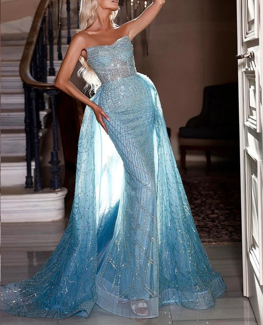 Sheath Mermaid Sweep/Brush Train Dresses Strapless  Sleek Glitter Sparking Sequins  Long Prom Dress Pleated