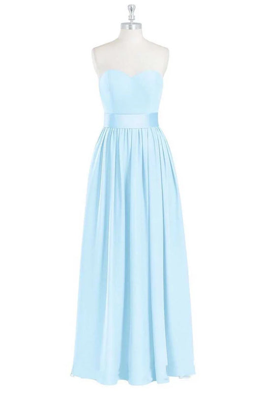 Light Blue Sweetheart Banded Waist A-Line Long Bridesmaid Dress