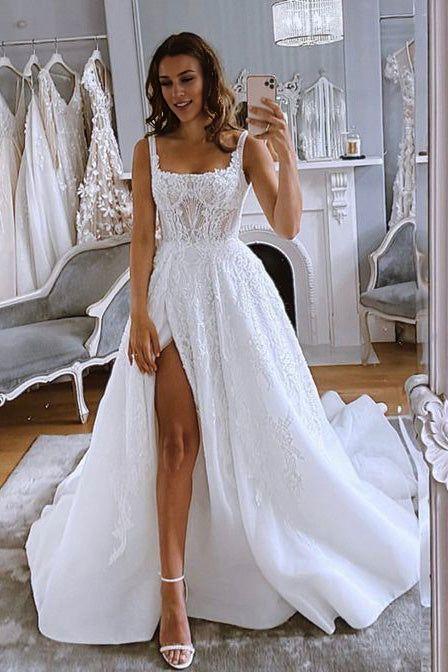 Elegant A Line Square Neck Lace Split Fork Appliques Wedding Dresses with Slit
