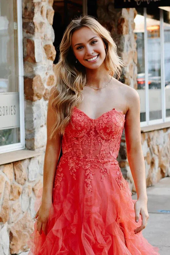 Cute A-Line Strapless Off-the-Shoulder Coral Ruffle Tulle Long Prom Dress with Appliques