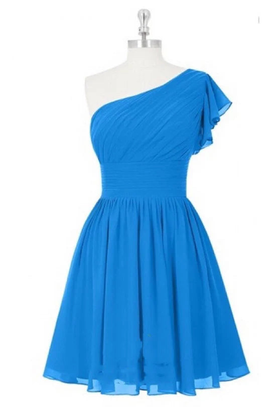 Blue Chiffon One-Shoulder A-Line Pleats Short Bridesmaid Dress