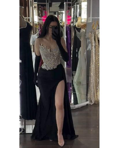 Sheath Glitter Sparking  Beaded Evening Dress  Sweep/Brush Train Prom Dress With Slit