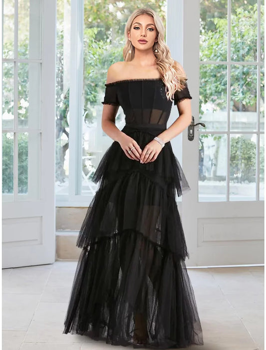 Prom Dresses Corsets Dress Masquerade Floor Length Sleeveless Off Shoulder Tulle with Ruffles