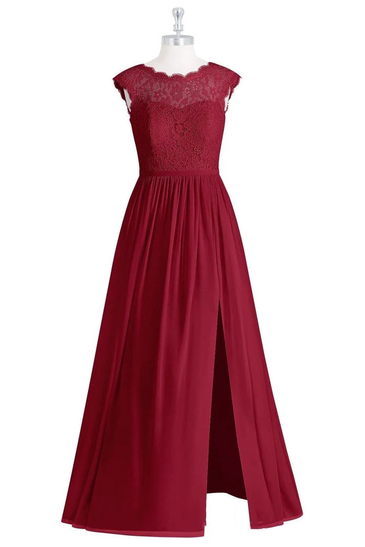 Crew Neck Cap Sleeve Long Bridesmaid Dress with Slit