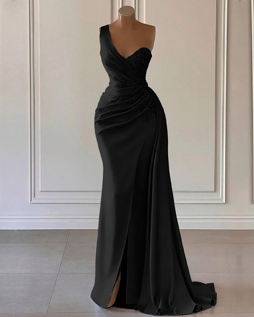 Sheath Sweep/Brush Train Dresses One Shoulder Sequins Long Prom Dress With Split
