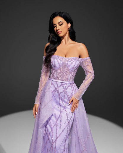 Sheath Mermaid Sparking Beaded Mesh Strapless Off the Shoulder Sequin Prom Dress With Long Sleeve