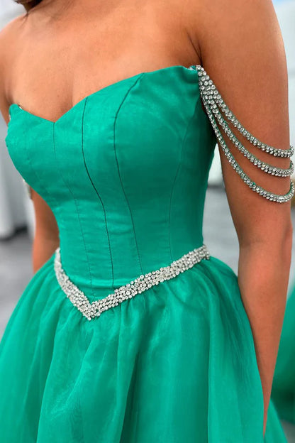 Charming A-Line Strapless Off-the-Shoulder Green Long Prom Dress with Beaded Straps