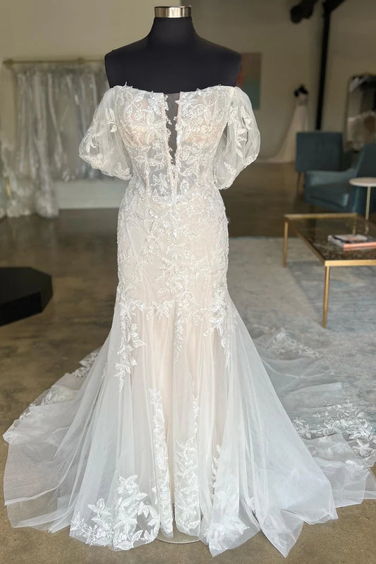 Ivory Appliques Off-the-Shoulder Trumpet Wrap The Buttocks Long Wedding Dress With Attached Train ﻿