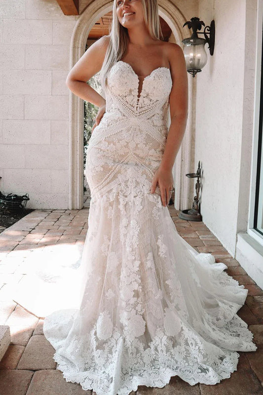 Elegant Mermaid V Neck Off-the-Shoulder Lace Slim-fit Wedding Dresses with Appliques