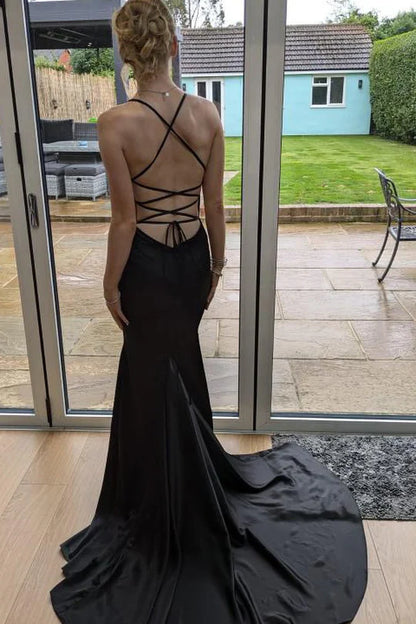 Charming Mermaid V Neck Spaghetti Strap Black Satin Lace-Up Back Long Prom Dresses