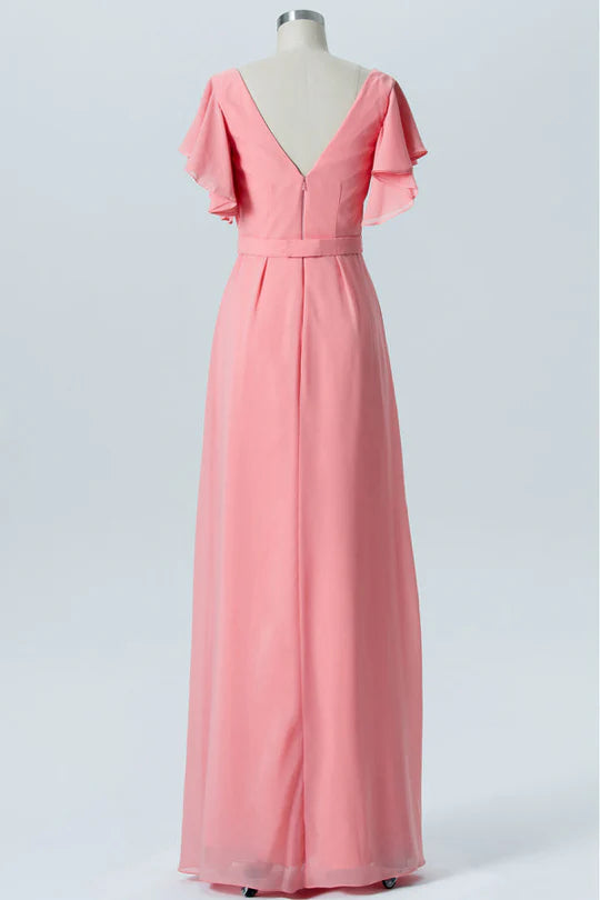 Pink V-Neck Chiffon Ruffled Sleeves Backless Bridesmaid Dress