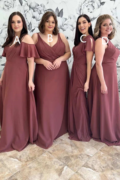 V-Neck/Square neck/Round neck Mismatched Burgundy Chiffon Bridesmaid Dress