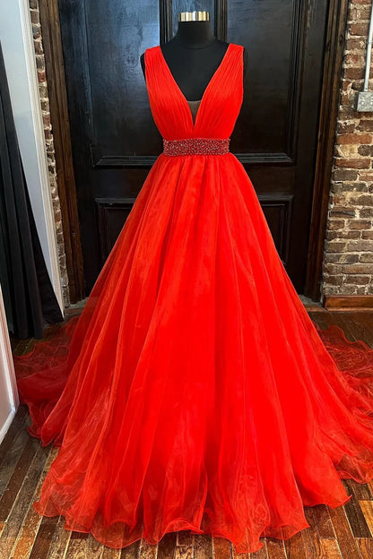 Organza Plunge V A-Line Long Formal Dress with Beaded Sash