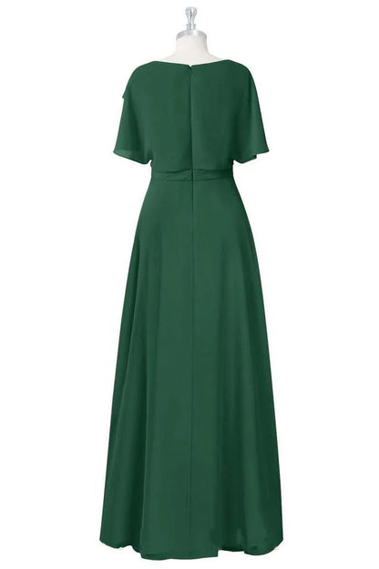 Green Crew Neck Chiffon Short Sleeve Ruffled A-Line Bridesmaid Dress