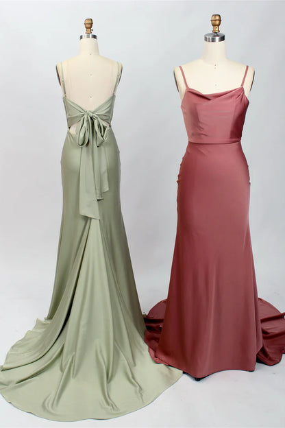 Cowl Neck spaghetti straps Bow Back Backless Long Bridesmaid Dress ﻿