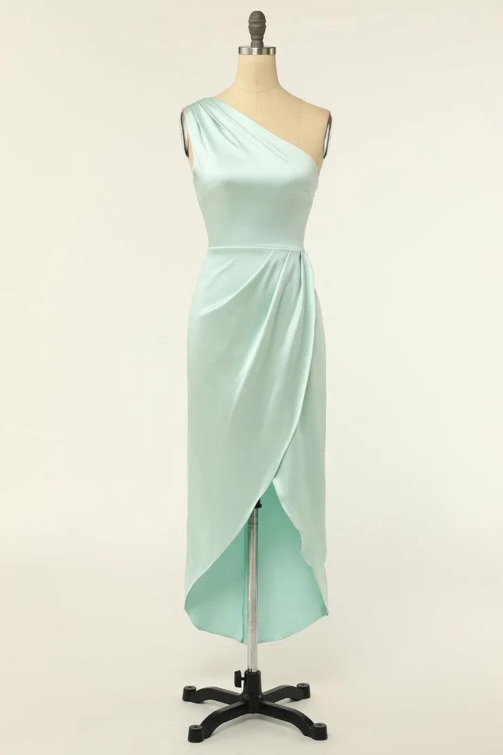 Mint Green Satin One-Shoulder Pleats Slim-fit Bridesmaid Dress