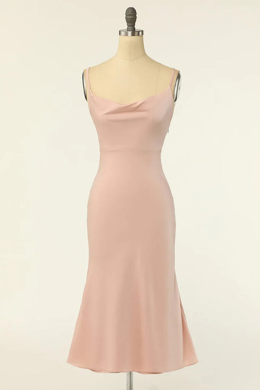 Blush Cowl Neck Short Back Cross Mermaid Bridesmaid Dress