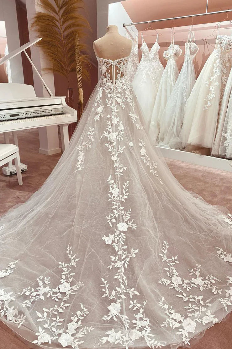 Elegant A Line V-Neck Off-the-Shoulder Sweetheart Tulle Wedding Dresses with Appliques