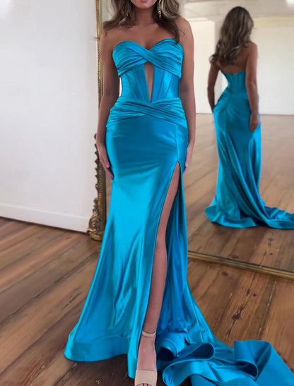 December Wedding Guest Dress A-Line Elegant Dress Formal Floor Length Sleeveless Strapless Satin with Ruched Slit Prom Dresses