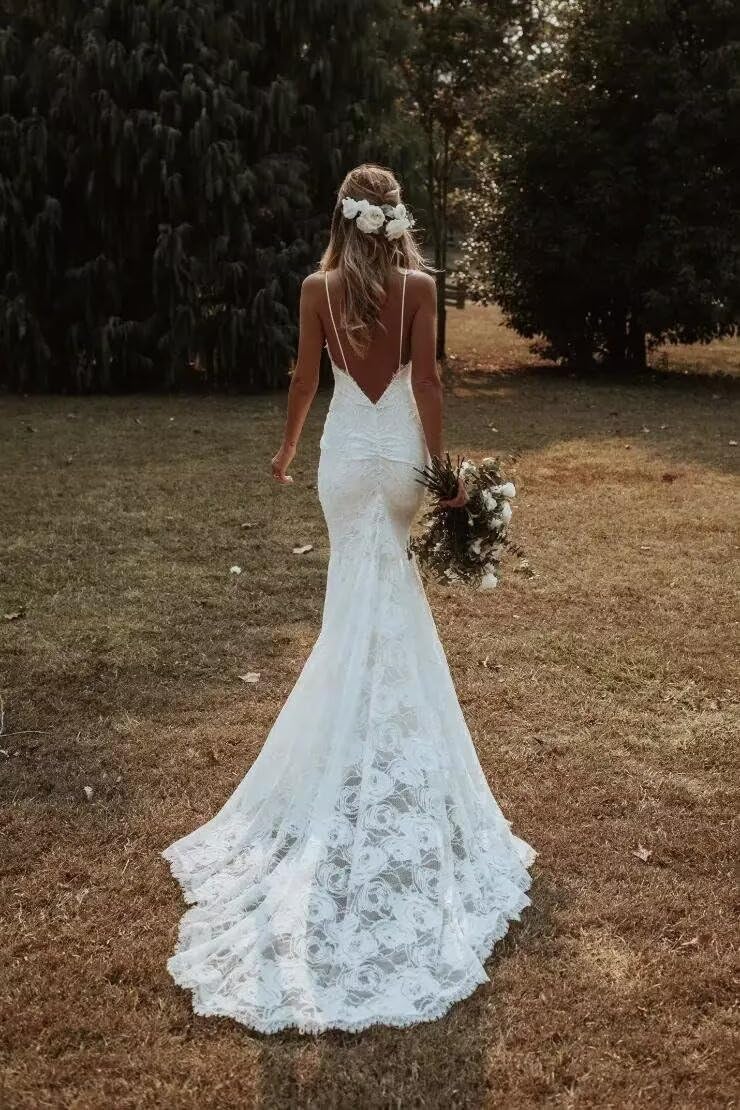 New Pattern Wedding Dress Mermaid Boho Lace V-Neck Backless Beach Bridal Dress Formal Women's Dresses