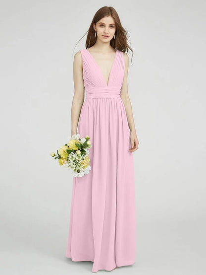 Sheath / Column Bridesmaid Dress V Neck Sleeveless Elegant Floor Length Chiffon with Ruched / Side Draping