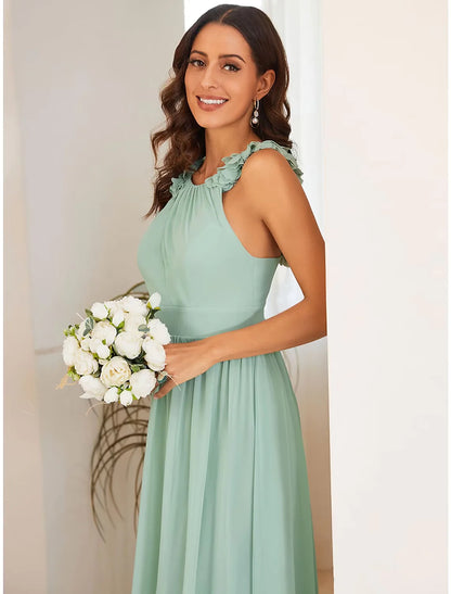 A-Line Dresses Elegant Dress Formal Floor Length Sleeveless Jewel Neck Chiffon with Pleats Shouder Flower