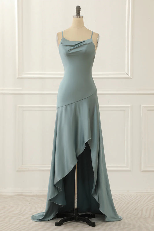Grey Green Spaghetti Straps Satin High-Low Splicing Together Prom Dress