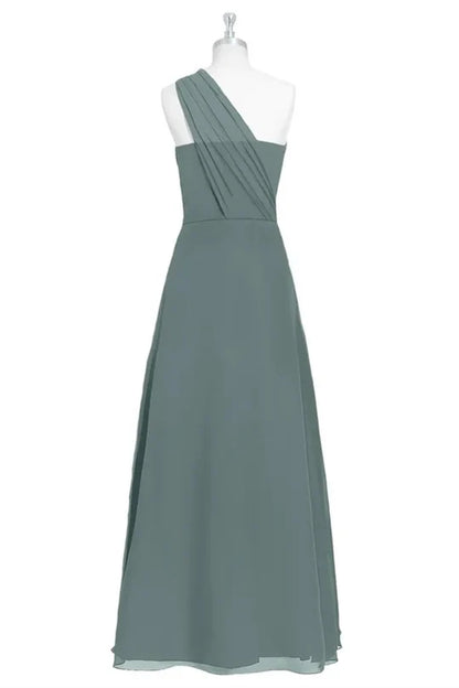 Dark Sage Green Chiffon One-Shoulder A-line Long Bridesmaid Dress