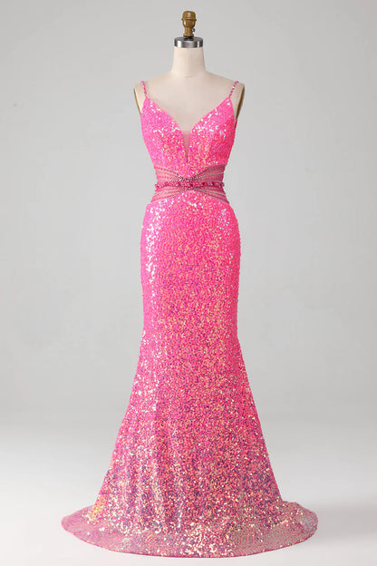 Hot Pink Spaghetti Straps Glitter Mermaid Slim-fit Prom Dress with Beading Waist