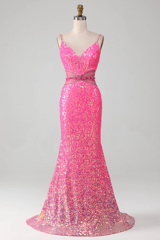 Hot Pink Spaghetti Straps Glitter Mermaid Slim-fit Prom Dress with Beading Waist
