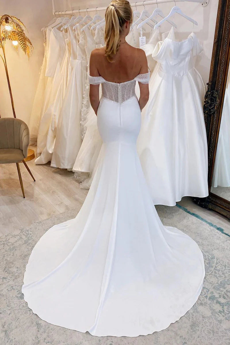 Elegant Mermaid Off the Shoulder Satin Wedding Dresses with Beading