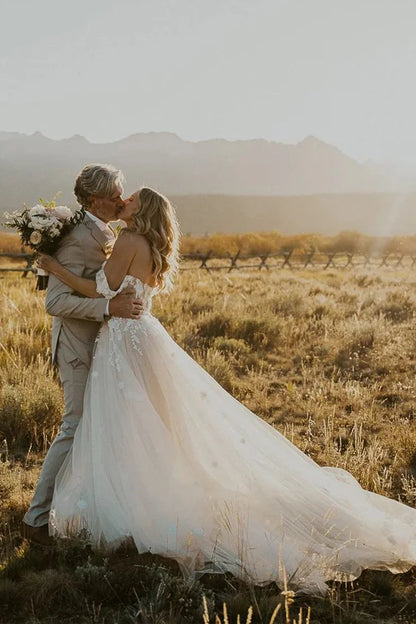 Fairy A Line Off the Shoulder Tulle Long Wedding Dresses with Appliques