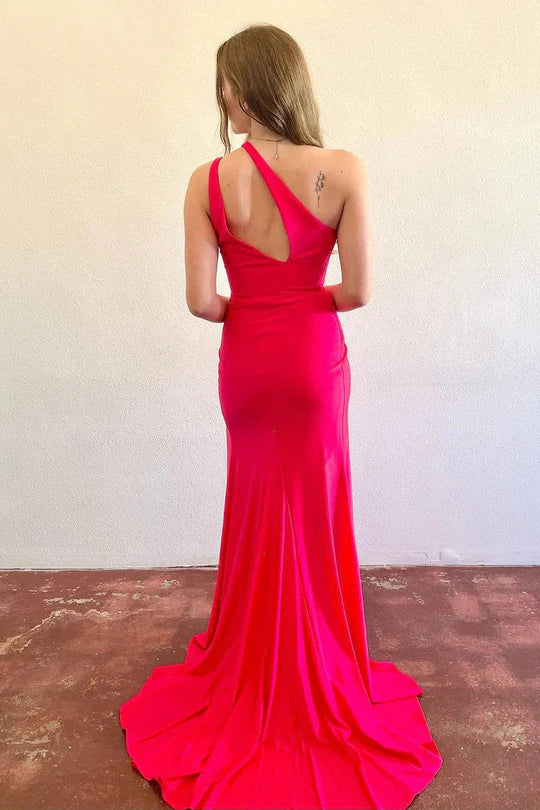 Cute Mermaid One Shoulder Red Elasitc Satin Backless Long Prom Dress with Slit